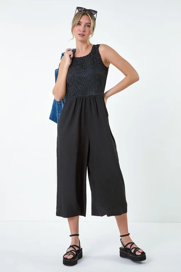 Black Crochet Lace Wide Leg Jumpsuit Women Roman Dresses
