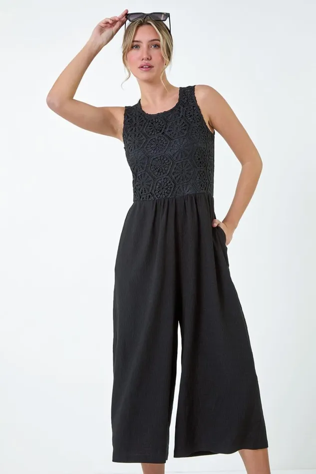 Black Crochet Lace Wide Leg Jumpsuit Women Roman Dresses