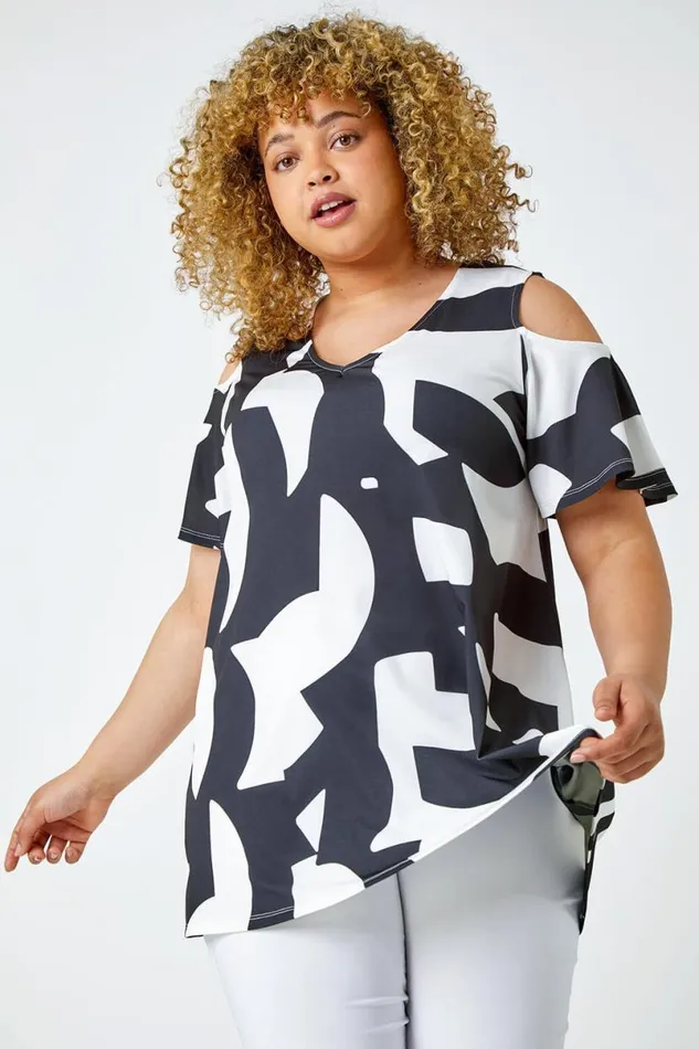 Black Curve Abstract Cold Shoulder Stretch Top Women Roman Tops