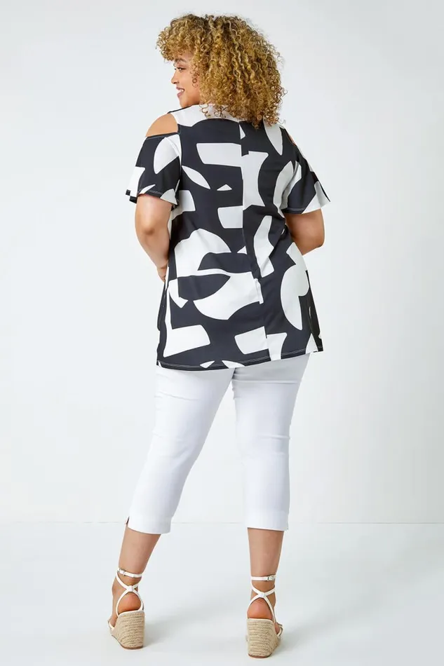 Black Curve Abstract Cold Shoulder Stretch Top Women Roman Tops