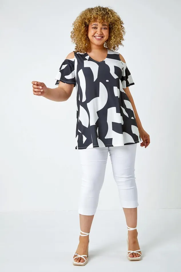 Black Curve Abstract Cold Shoulder Stretch Top Women Roman Tops