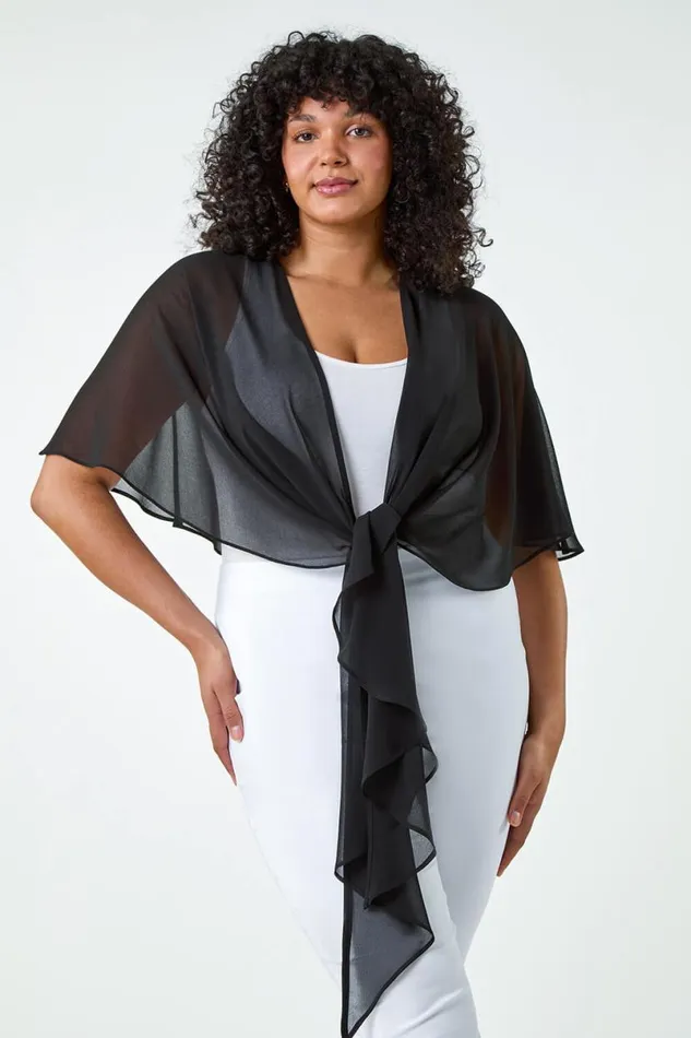 Black Curve Chiffon Drape Cover Up Women Roman Tops