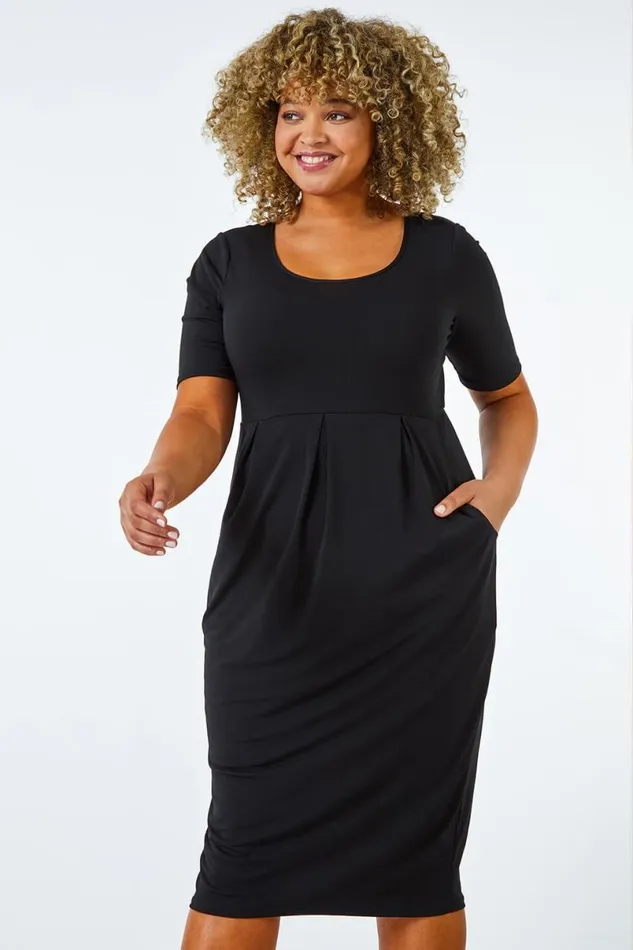 Black Curve Cocoon Pocket Detail Midi Dress Women Roman Dresses