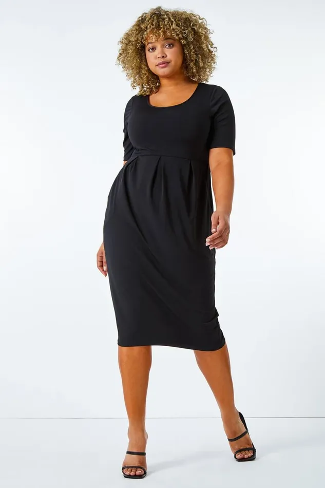 Black Curve Cocoon Pocket Detail Midi Dress Women Roman Dresses