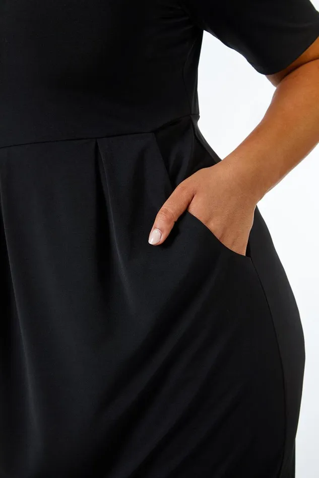 Black Curve Cocoon Pocket Detail Midi Dress Women Roman Dresses