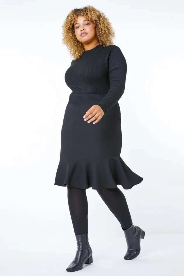 Black Curve Elastic Waist Frill Hem Skirt Women Roman Skirts