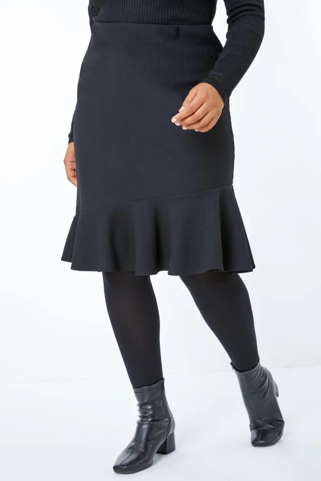 Black Curve Elastic Waist Frill Hem Skirt Women Roman Skirts