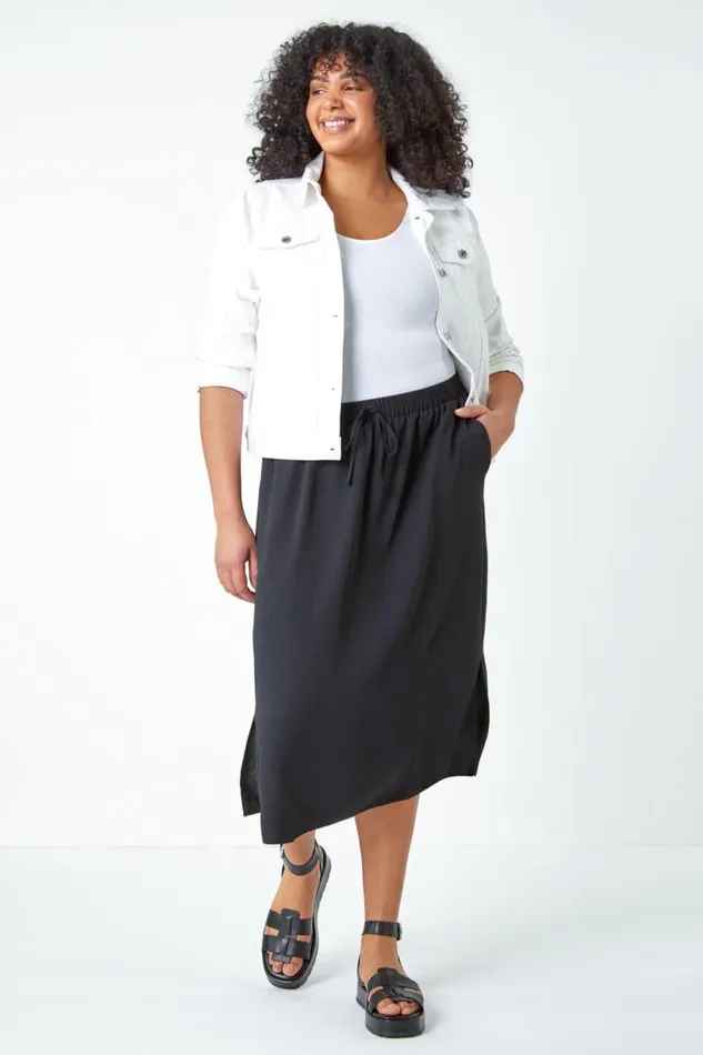Black Curve Linen Look A Line Midi Skirt Women Roman Skirts