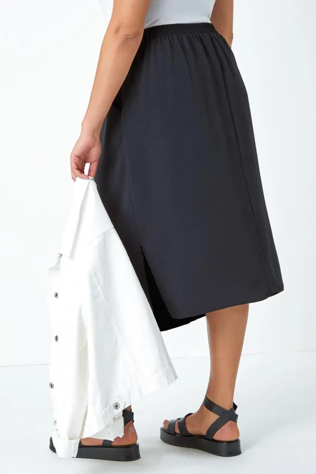 Black Curve Linen Look A Line Midi Skirt Women Roman Skirts
