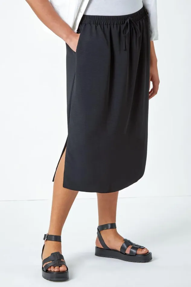 Black Curve Linen Look A Line Midi Skirt Women Roman Skirts