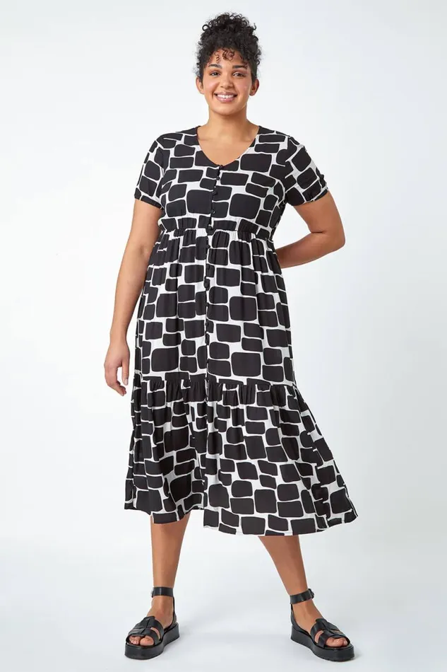 Black Curve Pebble Print Tiered Midi Dress Women Roman Dresses