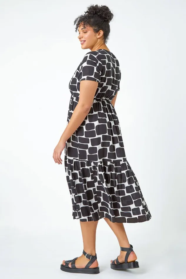Black Curve Pebble Print Tiered Midi Dress Women Roman Dresses