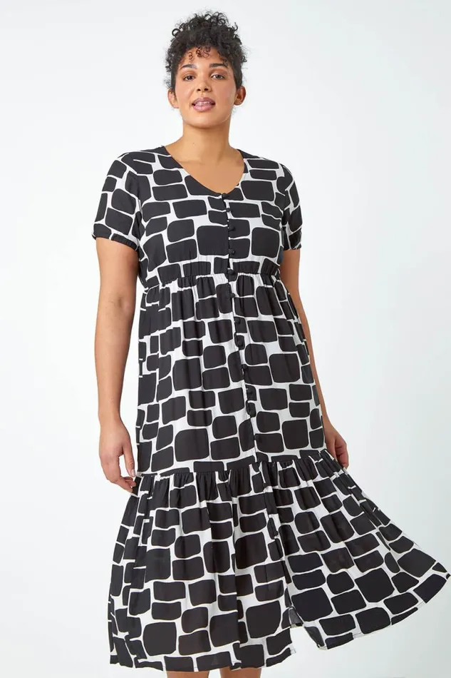 Black Curve Pebble Print Tiered Midi Dress Women Roman Dresses