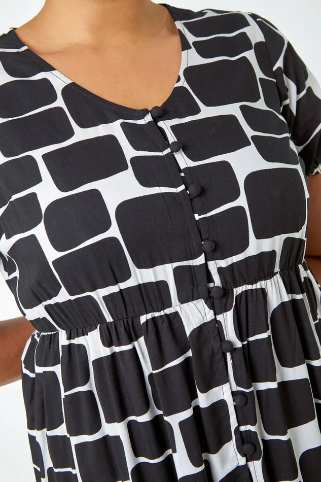 Black Curve Pebble Print Tiered Midi Dress Women Roman Dresses