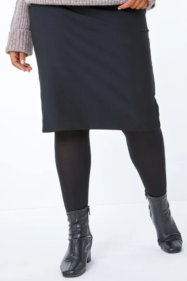 Black Curve Ribbed Pencil Skirt Women Roman Skirts