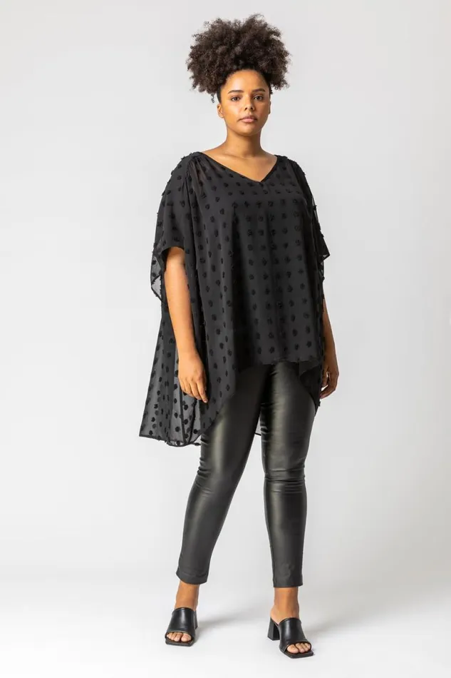 Black Curve Textured Spot Chiffon Overlay Top Women Roman Tops