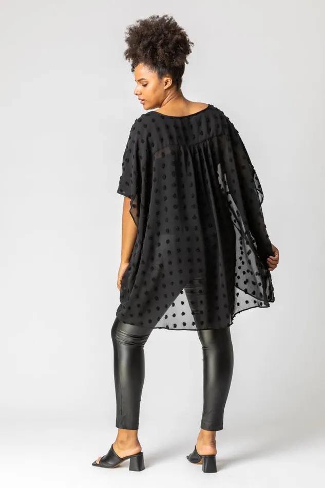 Black Curve Textured Spot Chiffon Overlay Top Women Roman Tops