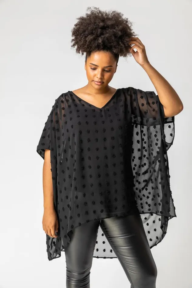 Black Curve Textured Spot Chiffon Overlay Top Women Roman Tops