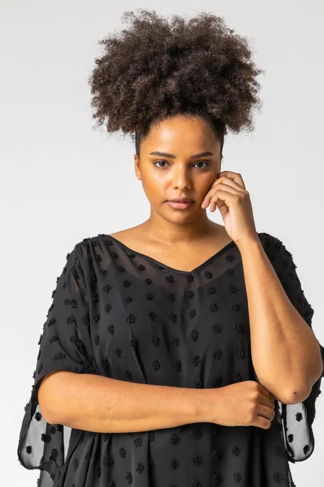 Black Curve Textured Spot Chiffon Overlay Top Women Roman Tops