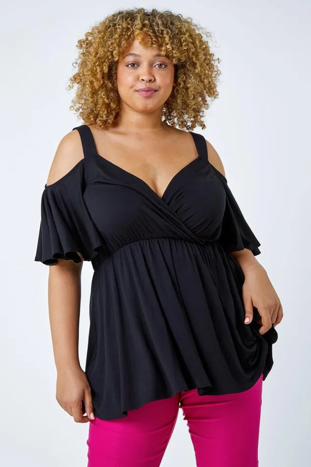 Black Curve VNeck Cold Shoulder Wrap Top Women Roman Tops