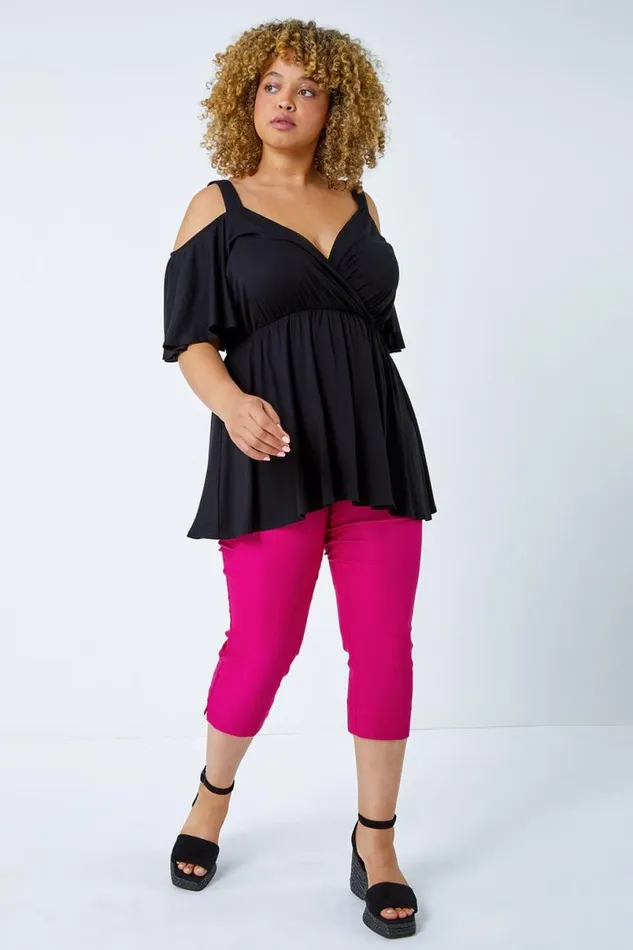 Black Curve VNeck Cold Shoulder Wrap Top Women Roman Tops