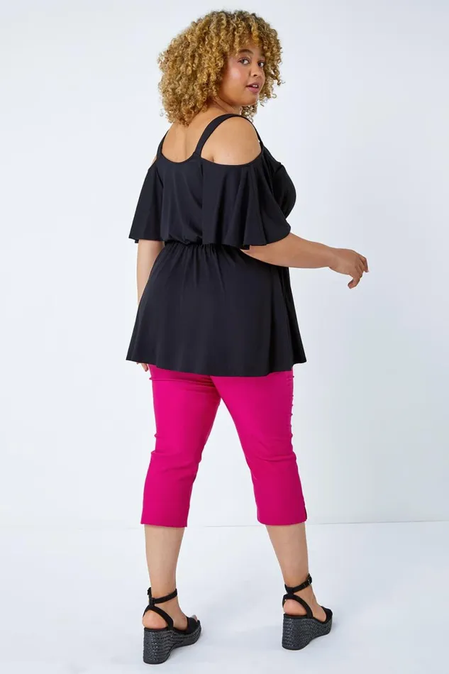 Black Curve VNeck Cold Shoulder Wrap Top Women Roman Tops
