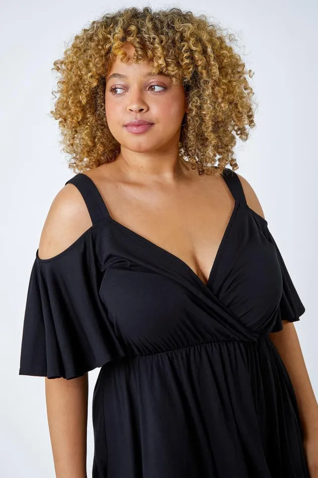 Black Curve VNeck Cold Shoulder Wrap Top Women Roman Tops
