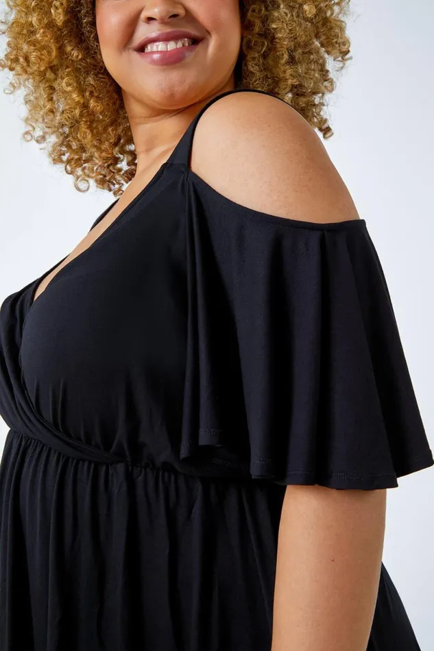 Black Curve VNeck Cold Shoulder Wrap Top Women Roman Tops