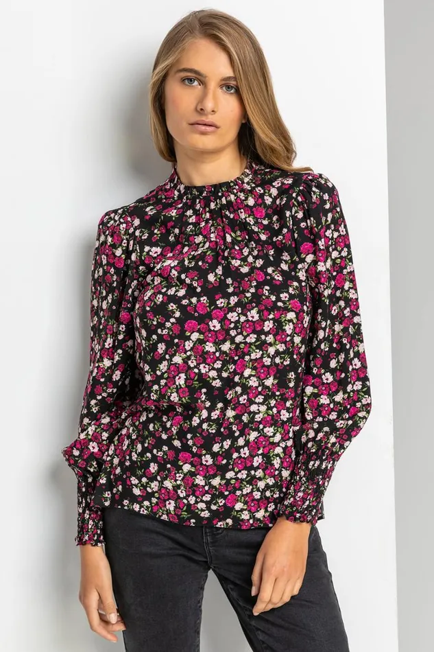 Black Ditsy Floral Frill Neck Blouse Women Roman Tops