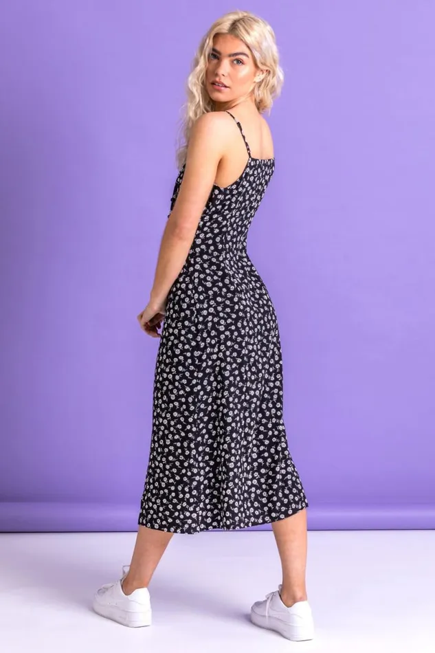 Black Ditsy Floral Print Midi Dress Women Roman Dresses