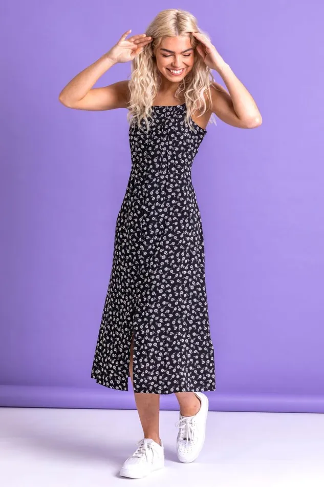 Black Ditsy Floral Print Midi Dress Women Roman Dresses