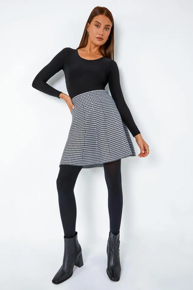Black Dogstooth Knitted ALine Mini Skirt Women Roman Skirts