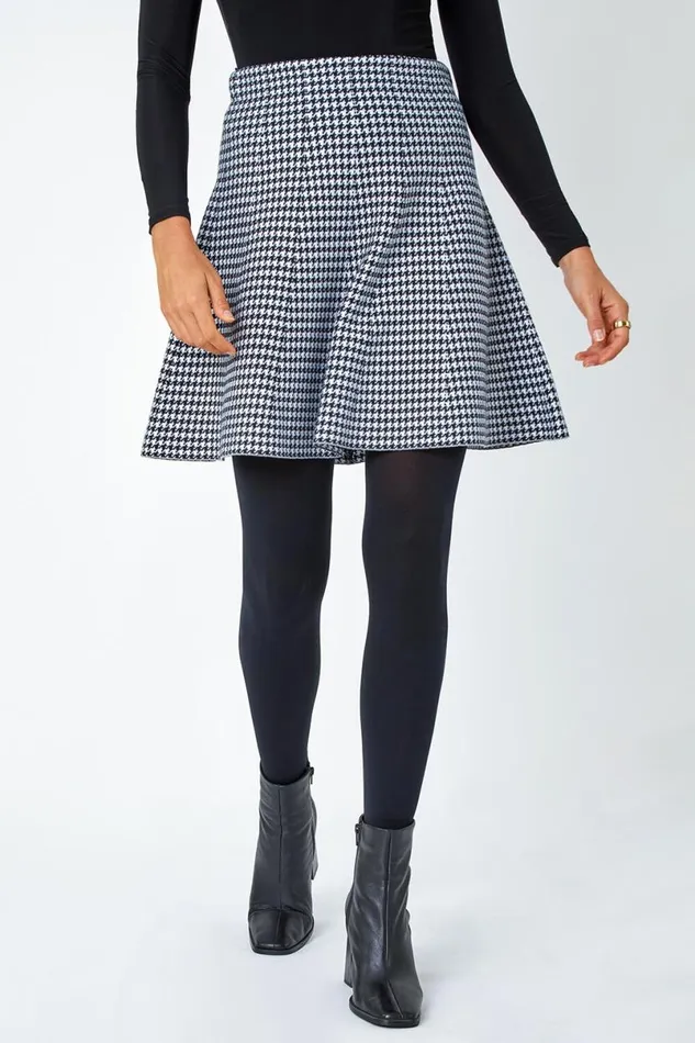 Black Dogstooth Knitted ALine Mini Skirt Women Roman Skirts