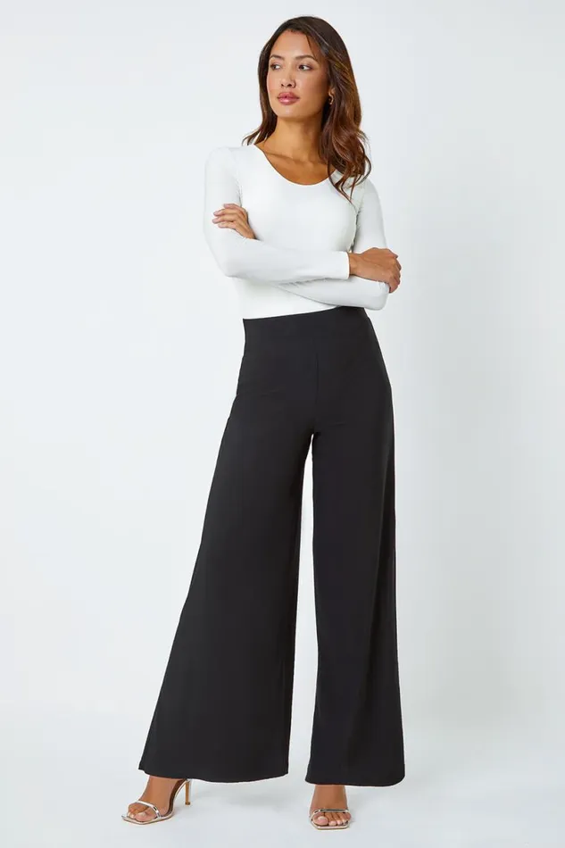 Black Elastic Waist Wide Leg Stretch Trousers Women Roman Trousers