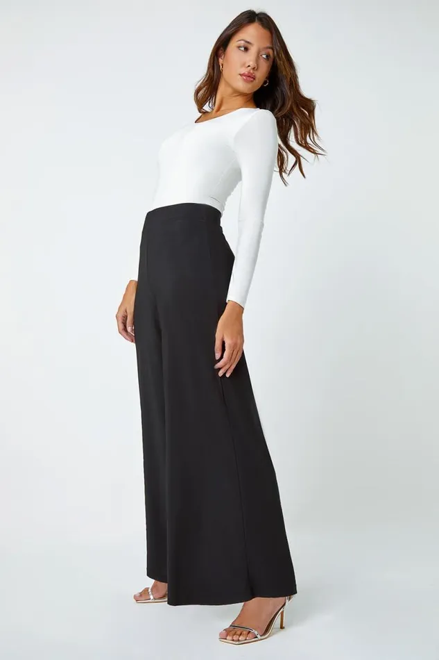 Black Elastic Waist Wide Leg Stretch Trousers Women Roman Trousers