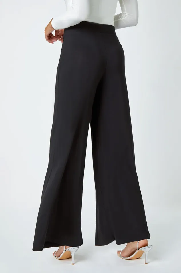 Black Elastic Waist Wide Leg Stretch Trousers Women Roman Trousers
