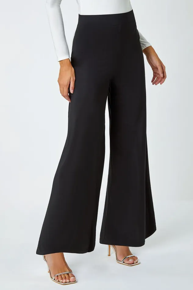 Black Elastic Waist Wide Leg Stretch Trousers Women Roman Trousers