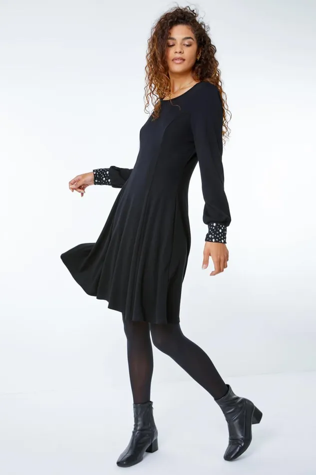 Black Embellished Cuff Skater Dress Women Roman Dresses