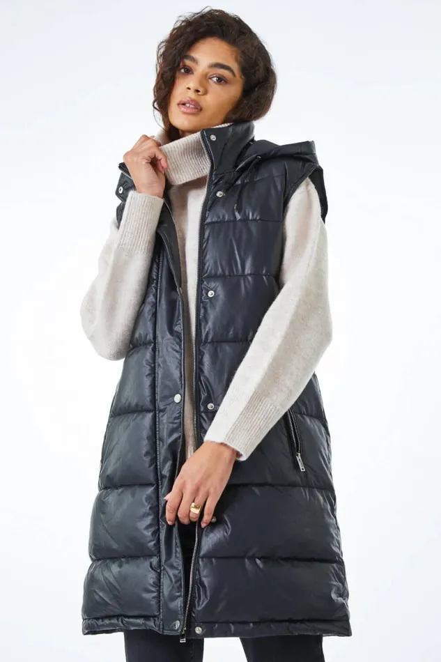 Black Faux Leather Longline Quilted Gilet Women Roman Coats