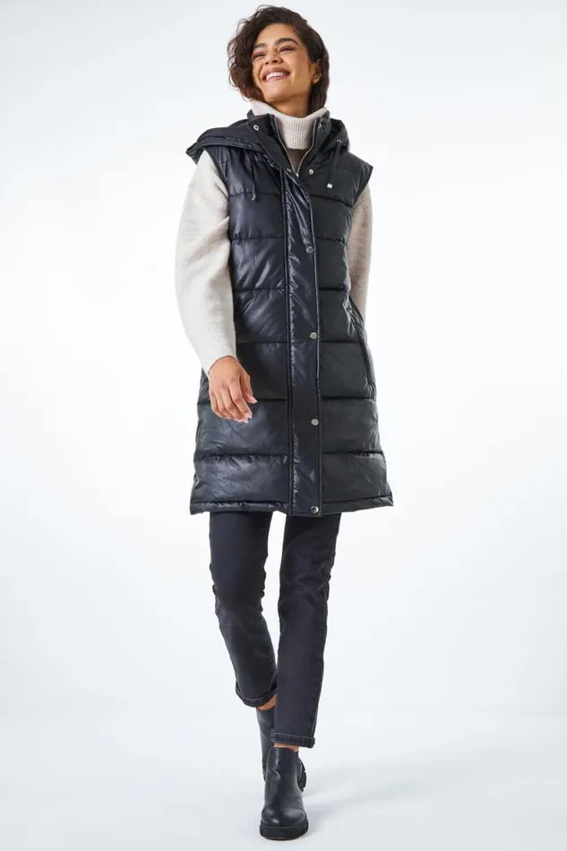 Black Faux Leather Longline Quilted Gilet Women Roman Coats