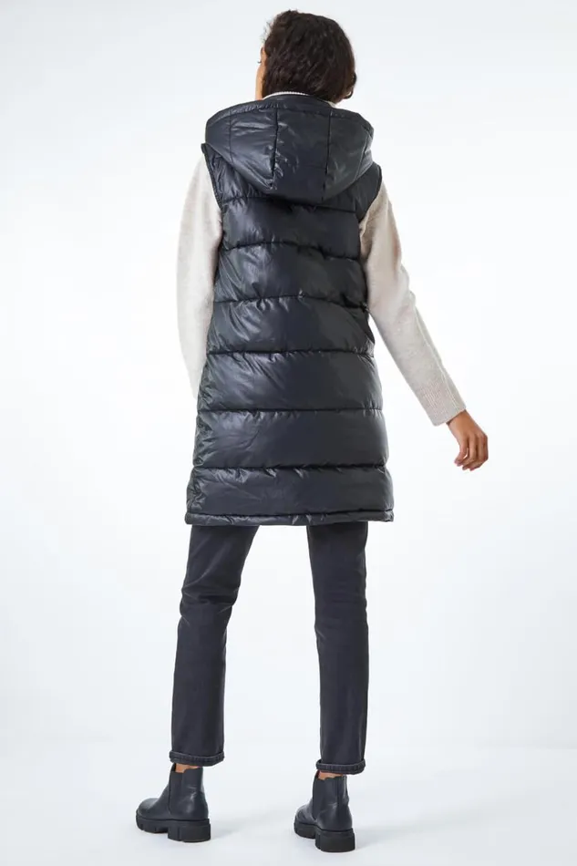 Black Faux Leather Longline Quilted Gilet Women Roman Coats