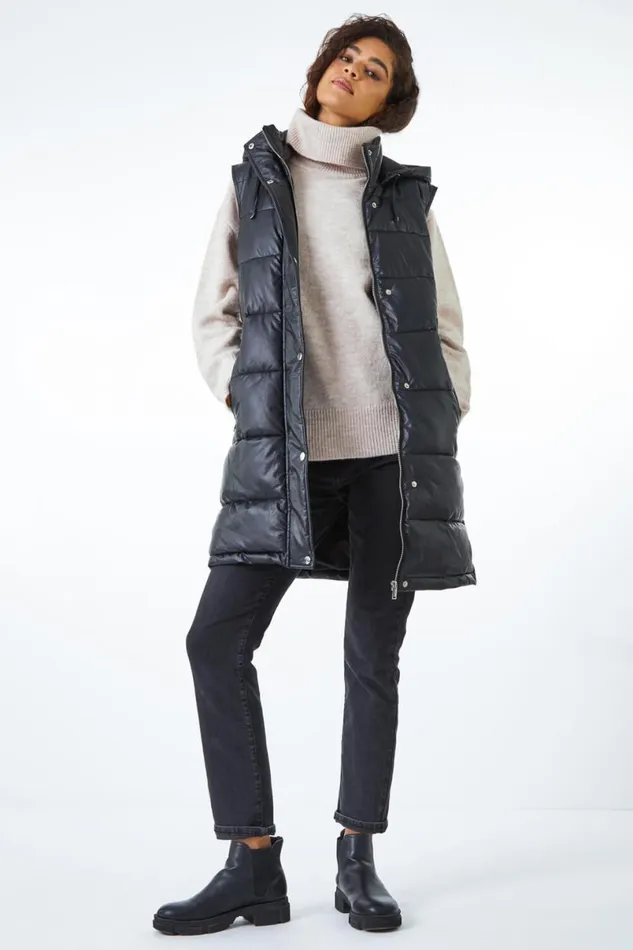 Black Faux Leather Longline Quilted Gilet Women Roman Coats