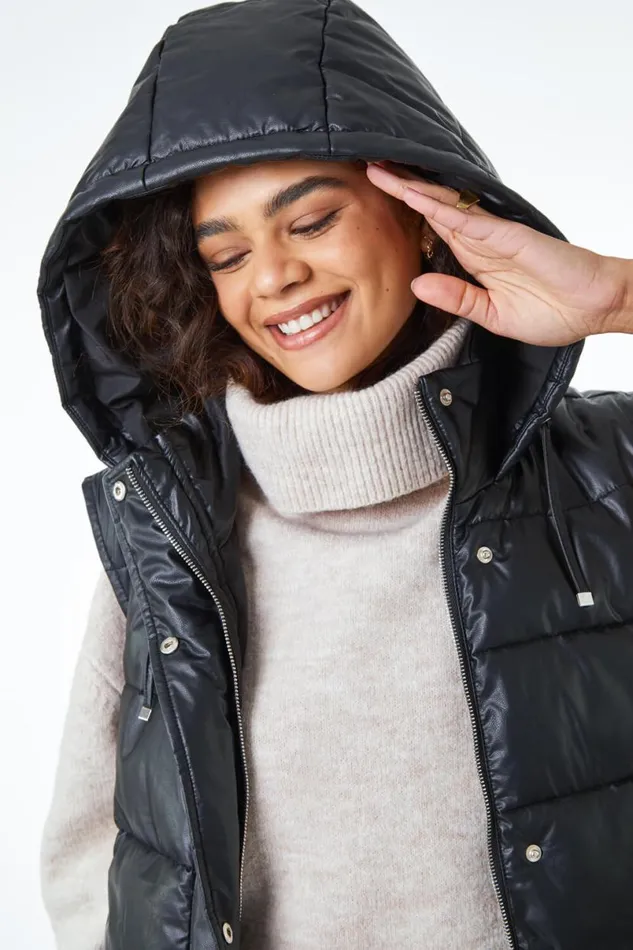 Black Faux Leather Longline Quilted Gilet Women Roman Coats