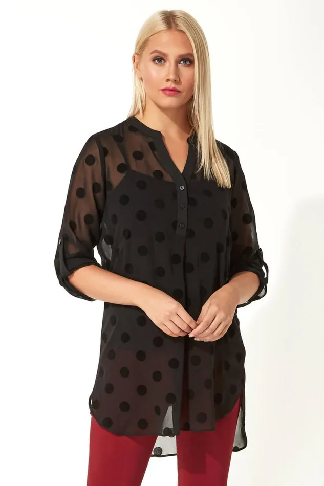 Black Flock Spot Print Shirt And Cami Top Women Roman Tops