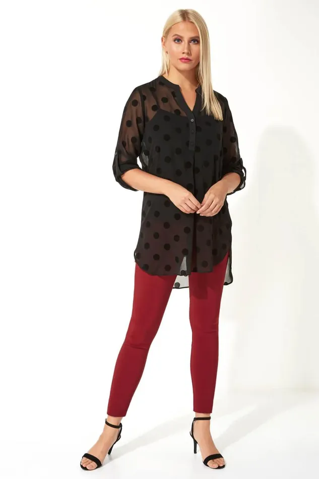 Black Flock Spot Print Shirt And Cami Top Women Roman Tops