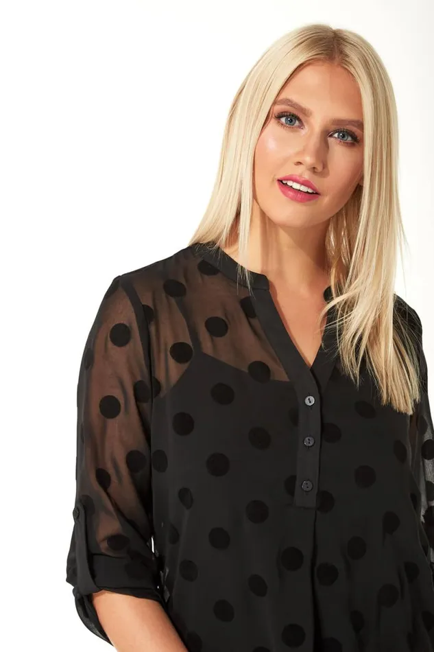 Black Flock Spot Print Shirt And Cami Top Women Roman Tops