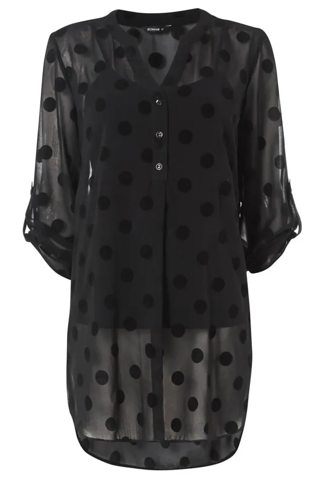 Black Flock Spot Print Shirt And Cami Top Women Roman Tops