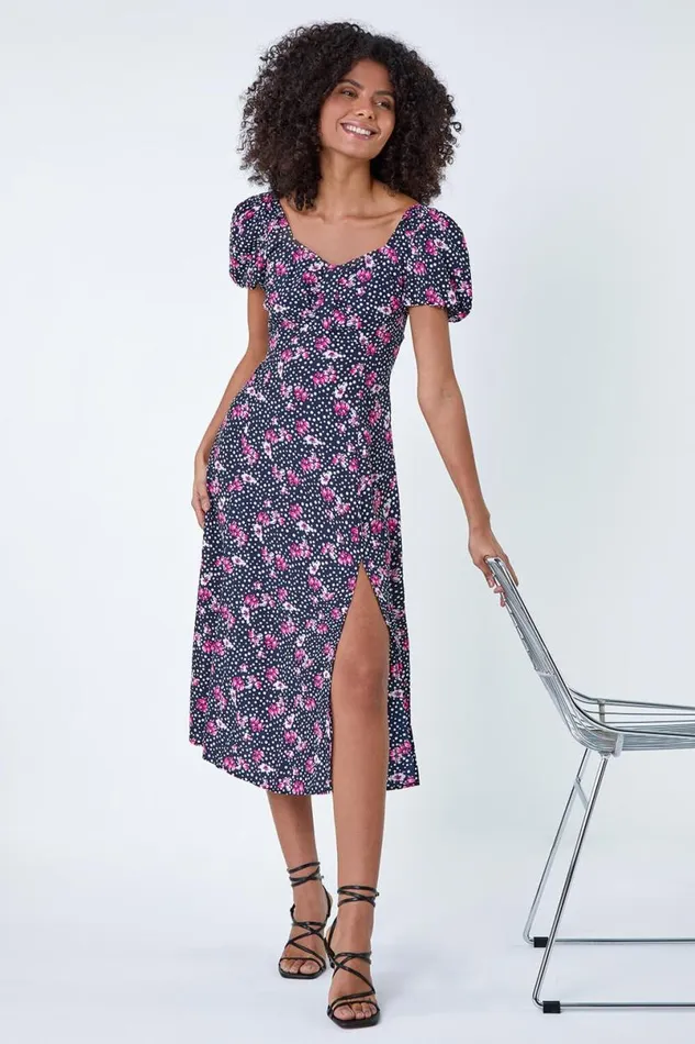 Black Floral Polka Dot Puff Sleeve Midi Dress Women Roman Dresses