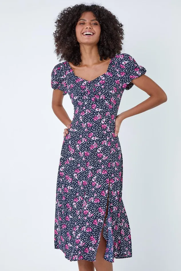 Black Floral Polka Dot Puff Sleeve Midi Dress Women Roman Dresses