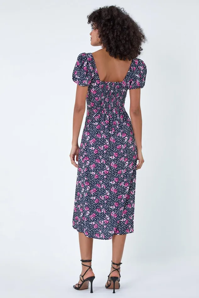 Black Floral Polka Dot Puff Sleeve Midi Dress Women Roman Dresses